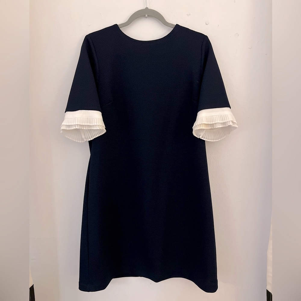 Navy shift dress with pleated sleeve detail, size L